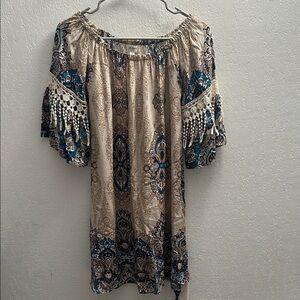 45. Umgee Beige and Teal Boho Off-Shoulder Tunic
